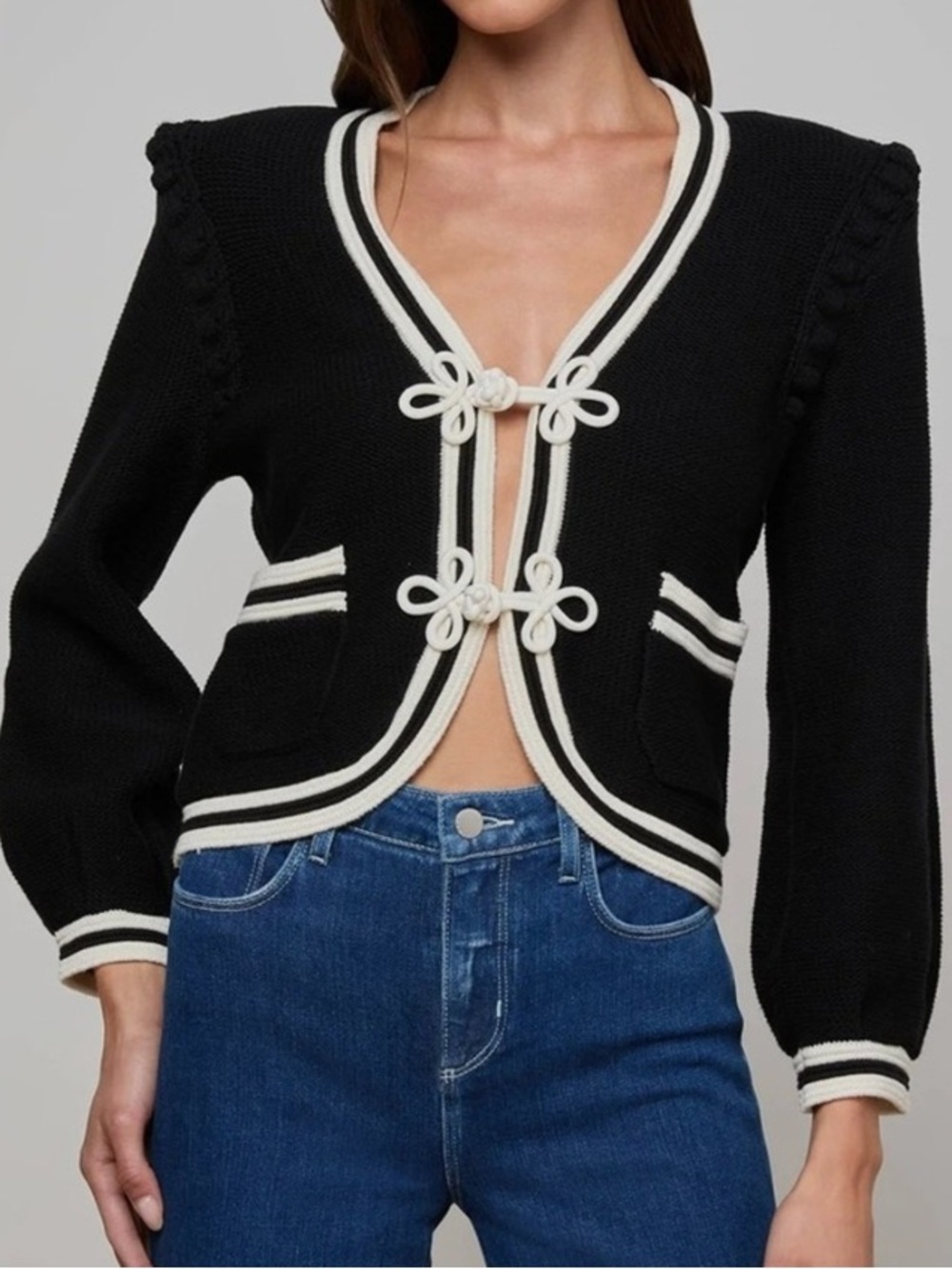 L'AGENCE Black/Ivory Kaito Contrast Trim Cardigan NWT